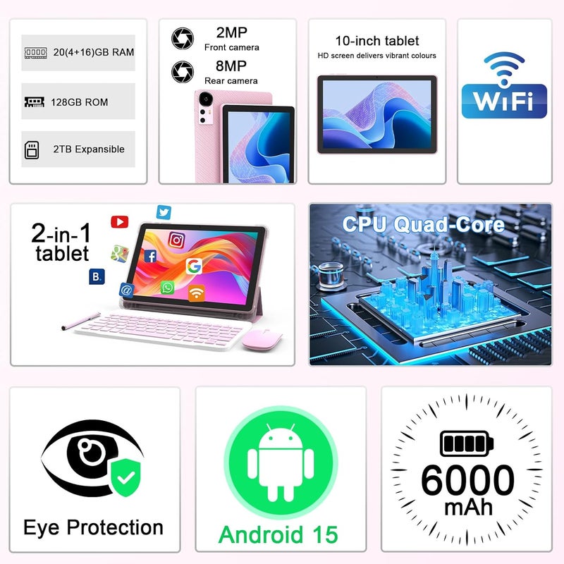 CUPEISI Android 15 Tablet 10 Inch, 20GB RAM+128GB ROM/ 2TB Expandable, 2.0GHz Quad-core Processor, 1280*800 HD Screen, 5G WiFi6 BT 5.0, 2 in 1 Tablets with Keyboard Case Mouse Stylus, Widevine L1 Pink - Image 2